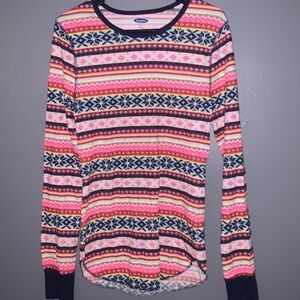 Old navy brand. Very long shirt. Very bright & colorful long sleeve shirt.